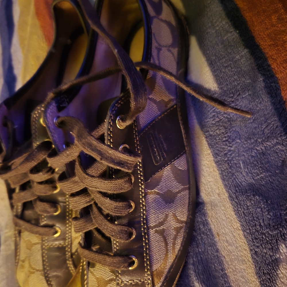 Coach Tan and Brown Signature Lace-Up Sneakers some natural wear